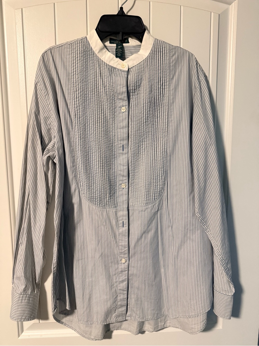 Women Lauren Ralph Lauren Light Blue Striped Mandarin Collar Shirt Blouse Sz